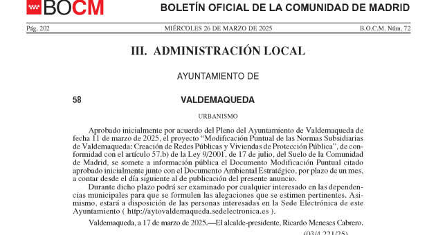 Aprobación inicial Modificación Puntual NNSS de Valdemaqueda: Creación de Redes Públicas y Viviendas de Protección Pública